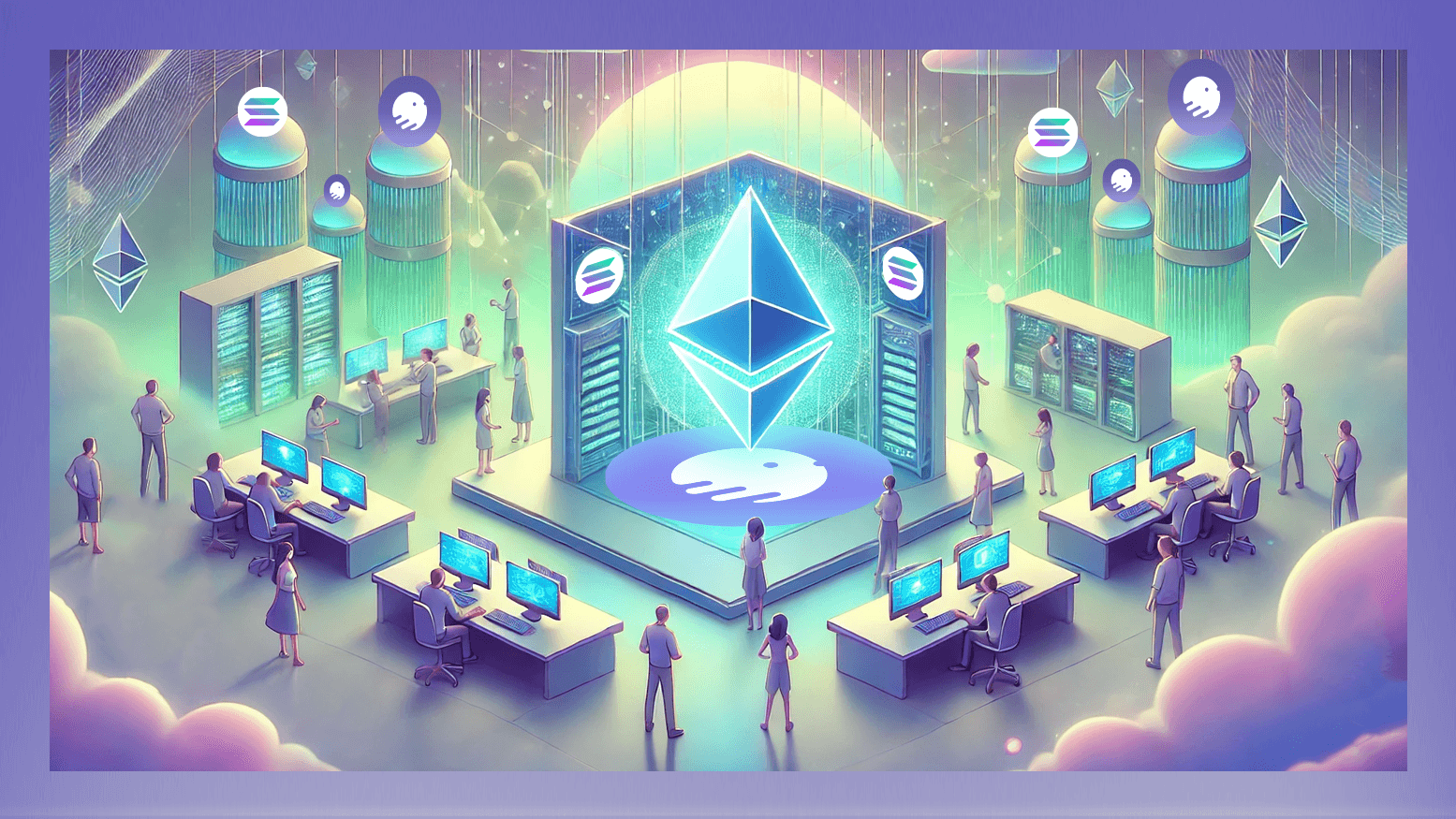 Illustration of tangled messy blockchain chains transforming into a smooth unified flow, representing chain abstraction simplifying UX for developers