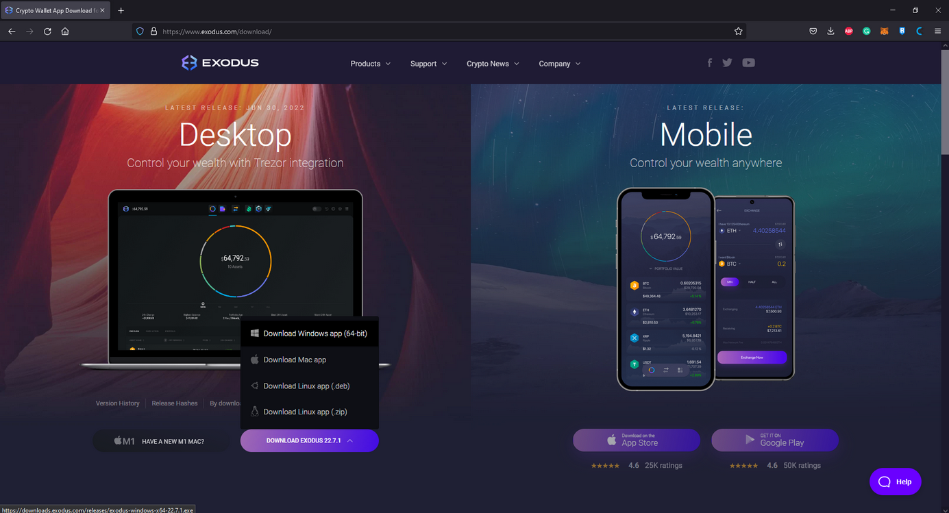 Exodus wallet user interface
