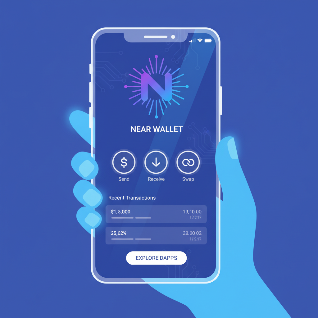 clean mobile wallet app interface opening on smartphone screen, NEAR protocol logo prominent, futuristic UI, high tech, minimalist