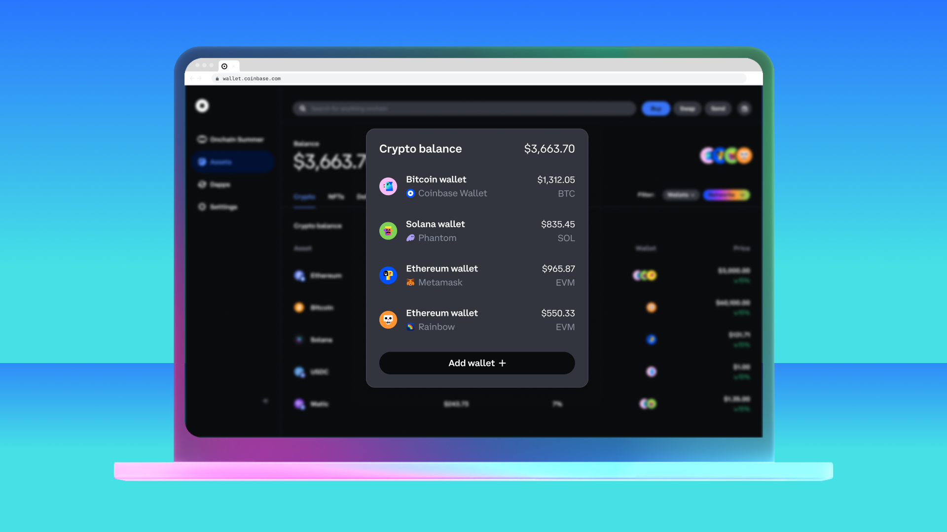 Unified wallet interface displaying digital assets from multiple blockchains like Ethereum, Solana, and Bitcoin in a single dashboard view for DeFi users.