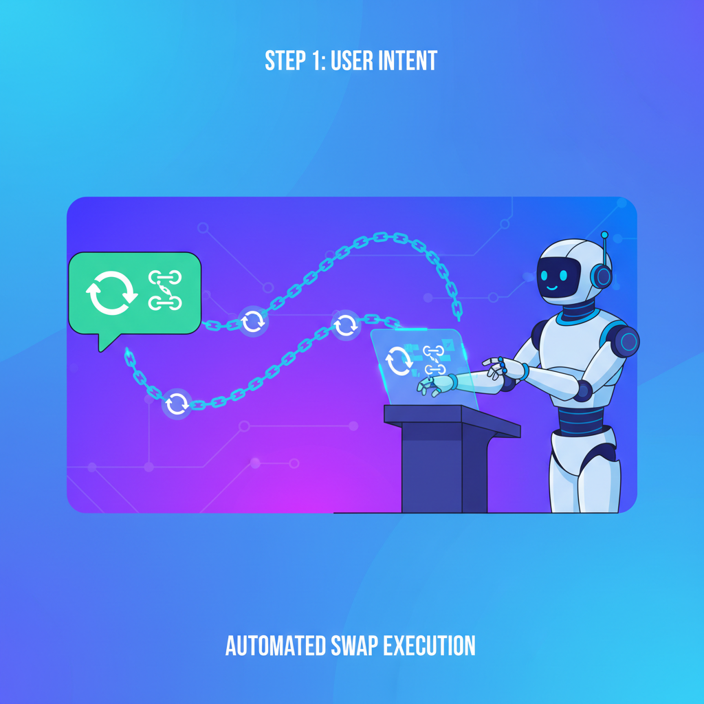 user expressing intent speech bubble with swap icons flowing across chains, AI robot executing, vibrant digital illustration