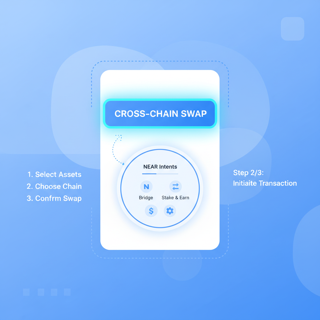 wallet app dashboard with cross-chain swap button highlighted, NEAR intents menu, sleek modern design, blue tones