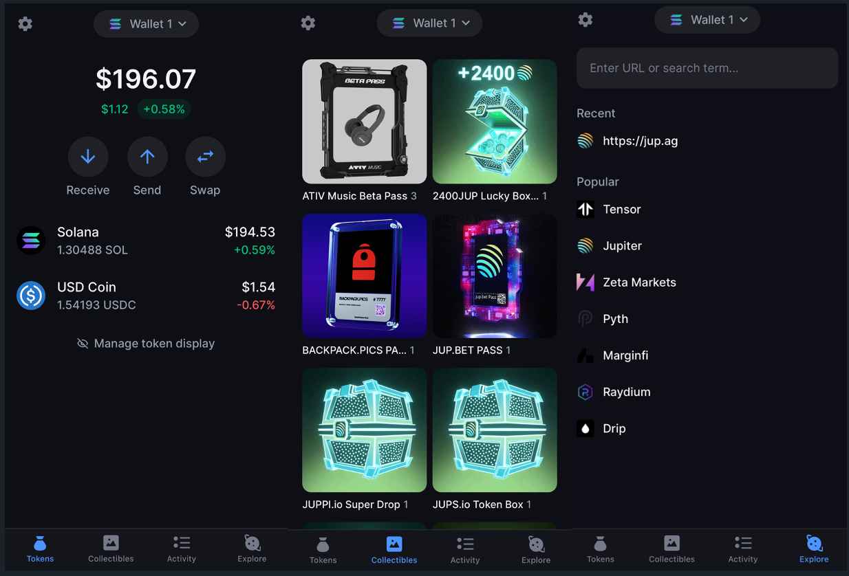 Sleek unified multi-chain wallet dashboard showing Ethereum, Solana, and Bitcoin assets side-by-side for DeFi users